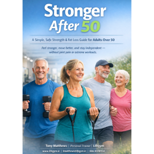 “Cover of fitness guide ‘Stronger After 50’ showing four smiling older adults exercising outdoors with dumbbells and resistance bands, promoting safe strength training and fat loss for people over 50.”