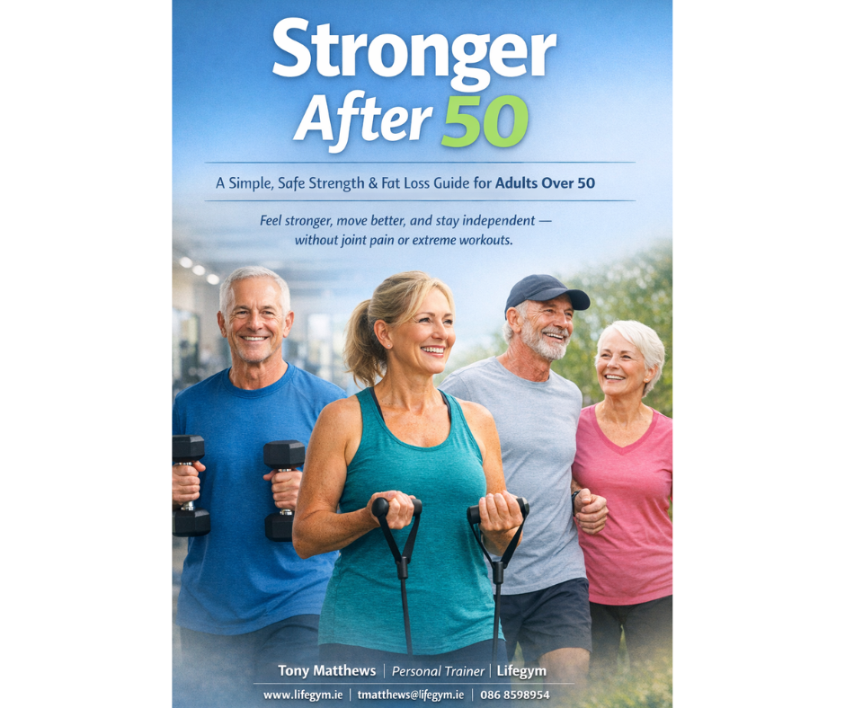 “Cover of fitness guide ‘Stronger After 50’ showing four smiling older adults exercising outdoors with dumbbells and resistance bands, promoting safe strength training and fat loss for people over 50.”