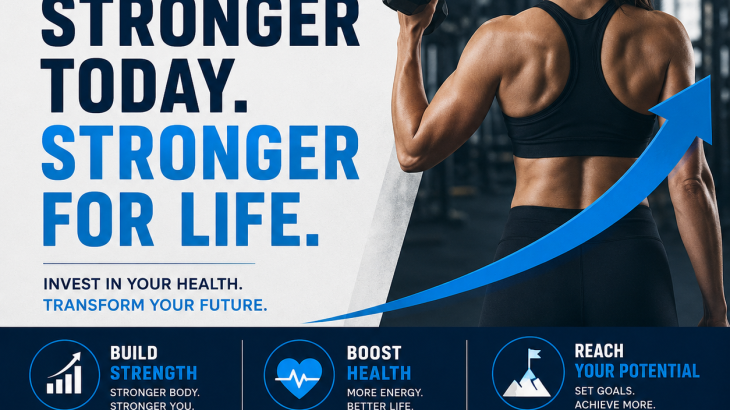 Lifegym strength training promotion featuring a woman lifting a dumbbell with the message "Stronger Today. Stronger for Life" and website address www.lifegym.ie.