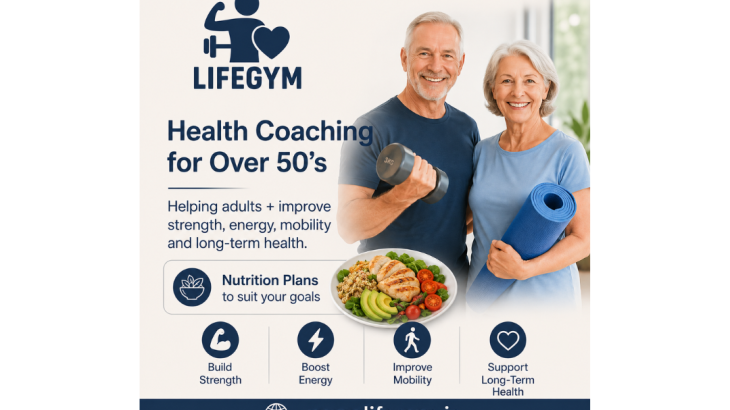 LifeGym promotional image featuring a smiling older couple holding a dumbbell and exercise mat, highlighting health coaching for adults over 50 focused on strength, energy, mobility, nutrition, and long-term health.