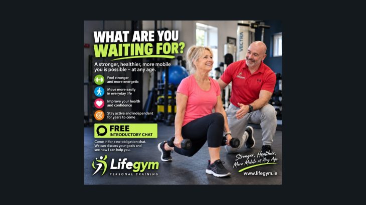 Personal trainer Tony Matthews coaching a woman over 50 during a strength training session at Lifegym Dundalk, promoting fitness, mobility and healthy ageing.